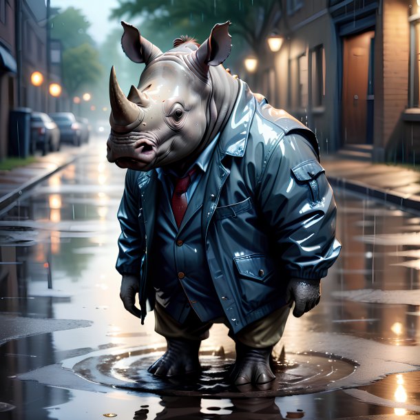 Drawing of a rhinoceros in a jacket in the puddle