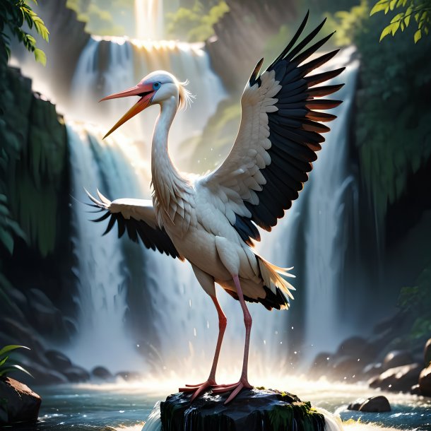 Photo of a stork in a belt in the waterfall