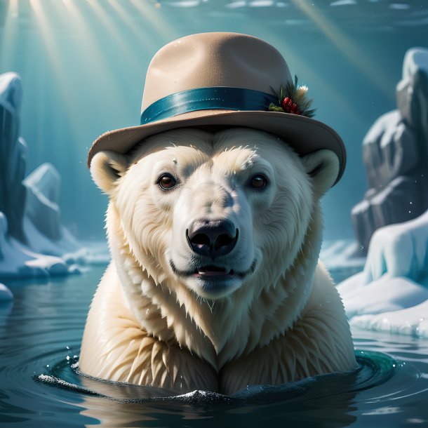 Image of a polar bear in a hat in the water