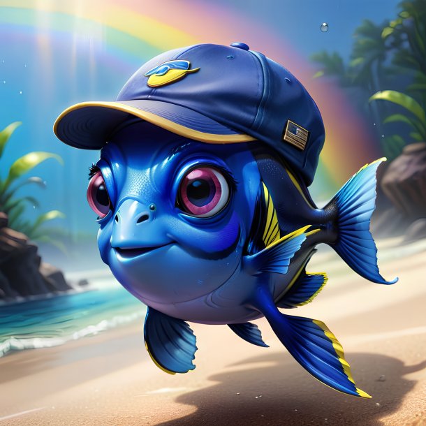 Drawing of a blue tang in a cap on the rainbow