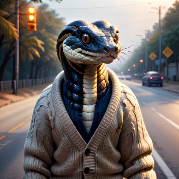 Illustration of a king cobra in a sweater on the road