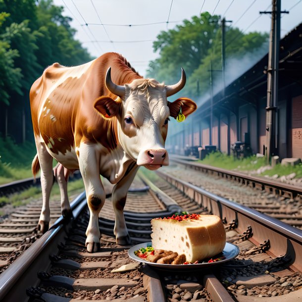 Foto de un comer de una vaca en las vías del tren