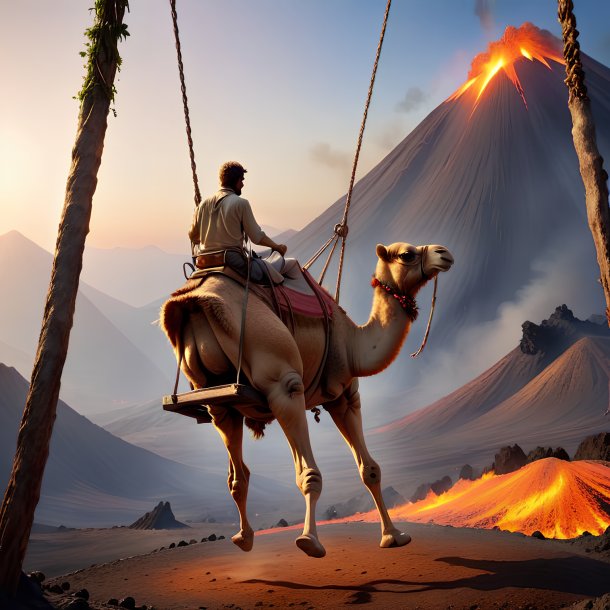 Photo of a swinging on a swing of a camel in the volcano