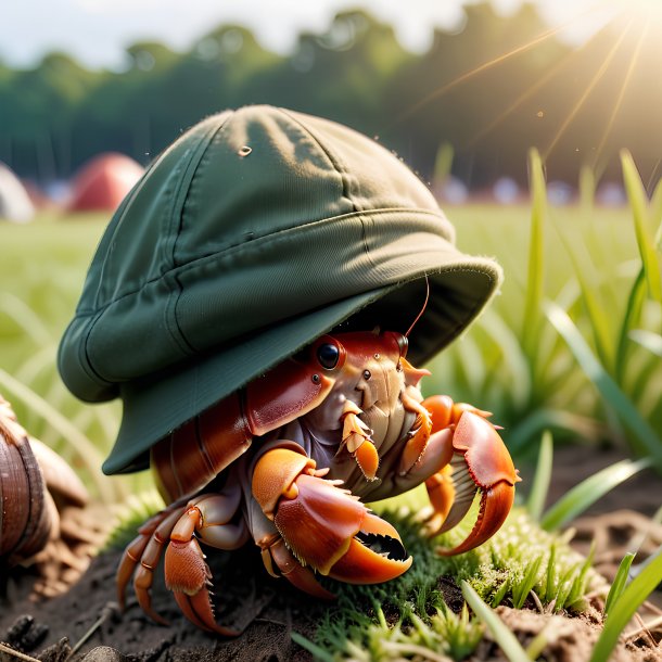 Picture of a hermit crab in a cap on the field