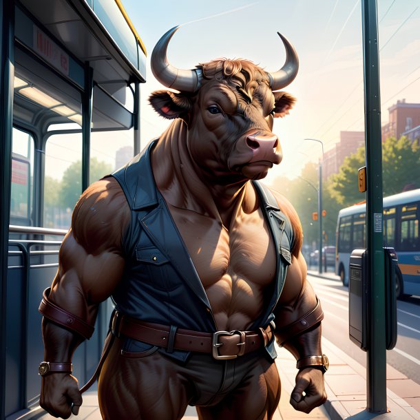 Illustration of a bull in a belt on the bus stop