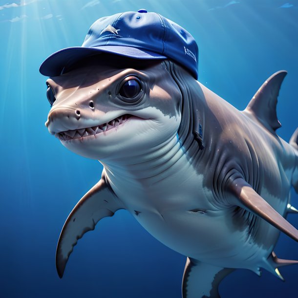 Pic of a hammerhead shark in a blue cap