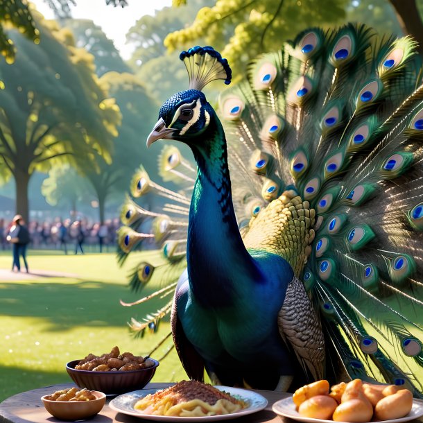 Image of a eating of a peacock in the park