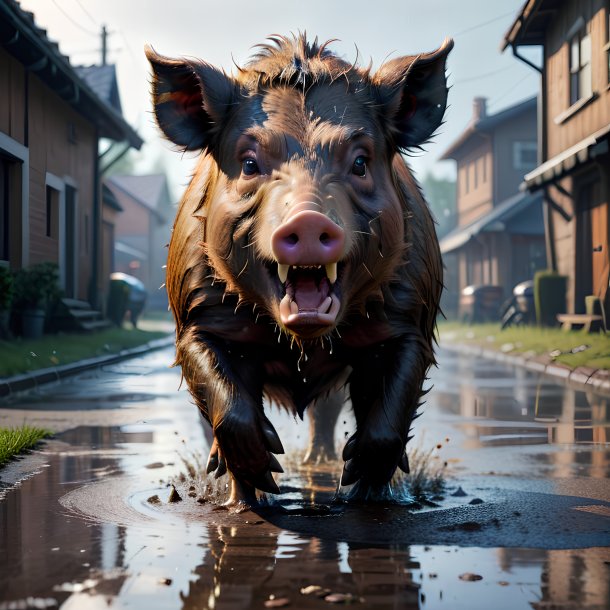 Picture of a angry of a boar in the puddle