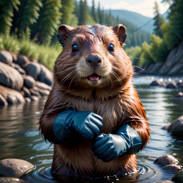 Photo of a beaver in a gloves in the river