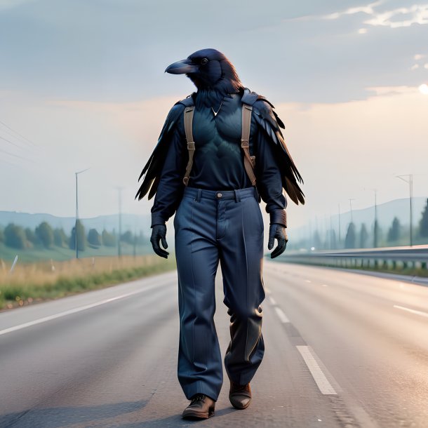 Picture of a crow in a trousers on the highway