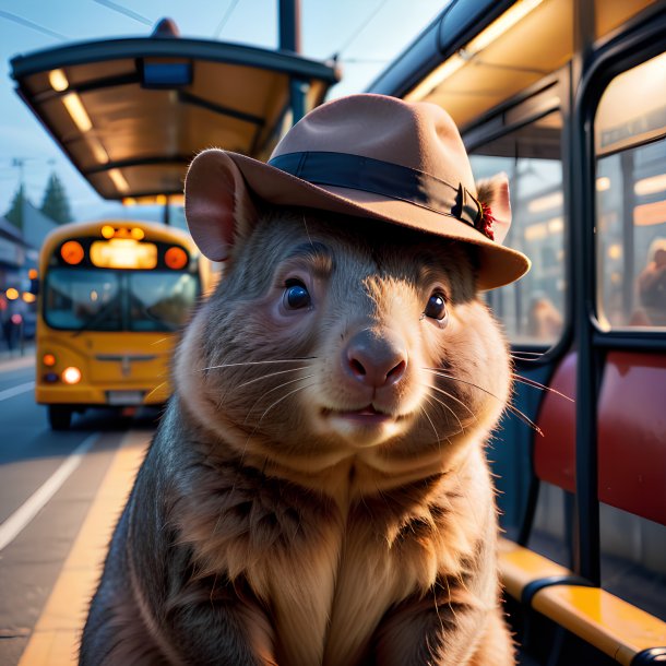 Foto de un wombat en un sombrero en la parada de autobús