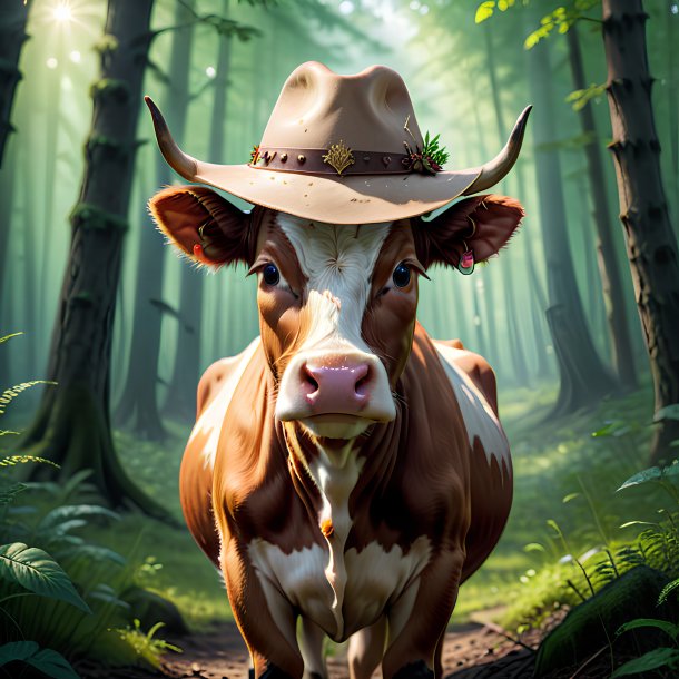 Imagen de una vaca en un sombrero en el bosque