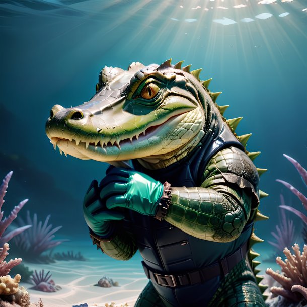 Picture of a alligator in a gloves in the sea