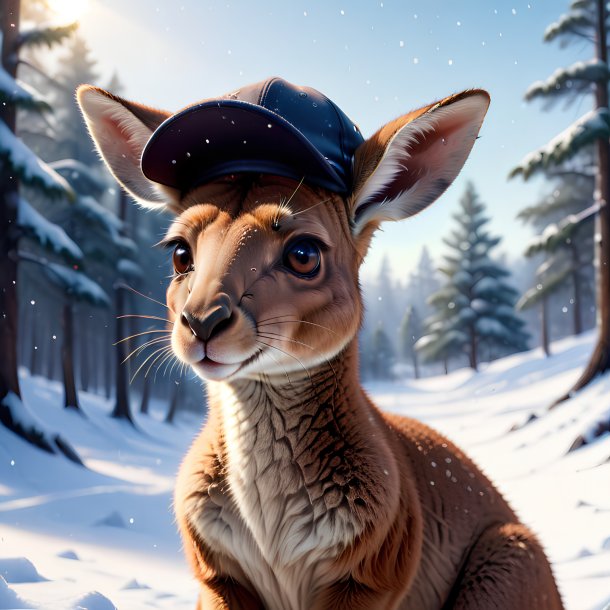 Illustration of a kangaroo in a cap in the snow