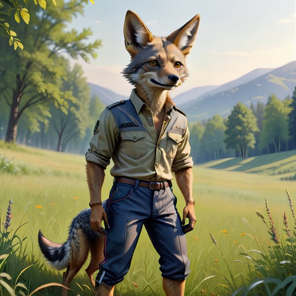 Drawing of a jackal in a trousers in the meadow