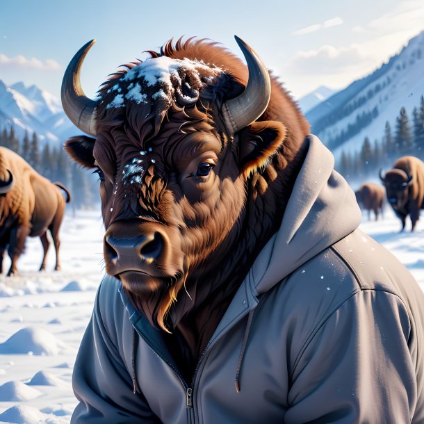 Foto de un bisonte en una sudadera con capucha en la nieve