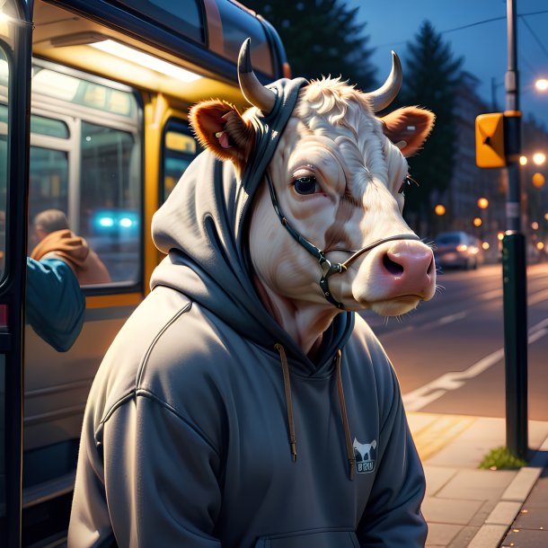 Pic of a cow in a hoodie on the bus stop