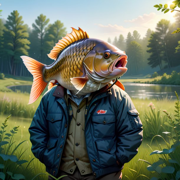 Illustration of a carp in a jacket in the meadow