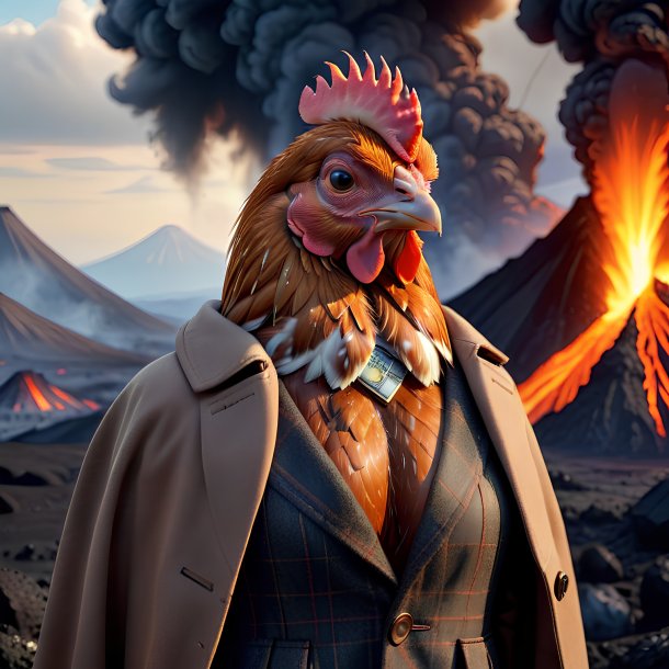 Picture of a hen in a coat in the volcano