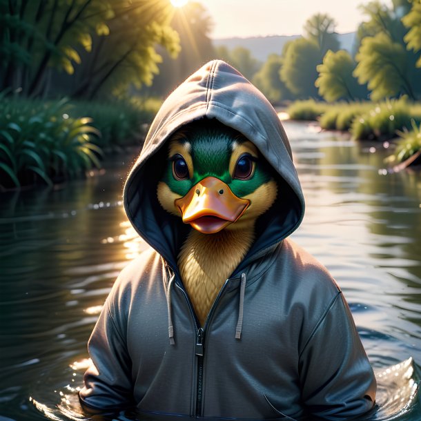 Picture of a duck in a hoodie in the river