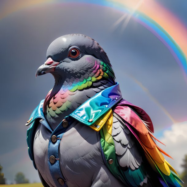 Imagem de um pombo em uma jaqueta no arco-íris