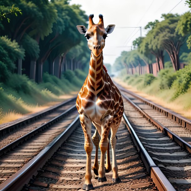 Foto de uma natação de uma girafa nos trilhos ferroviários