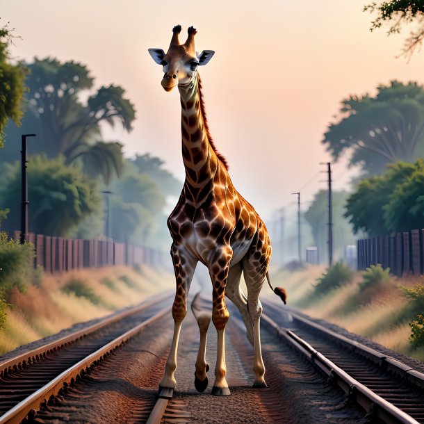 Foto de uma dança de uma girafa nos trilhos ferroviários