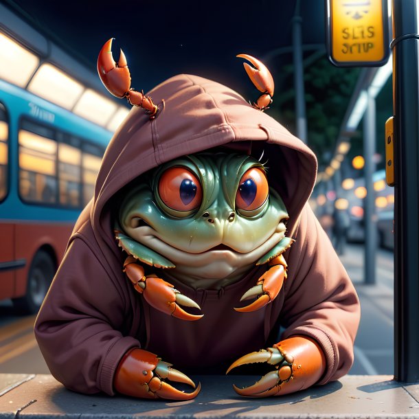 Picture of a crab in a hoodie on the bus stop