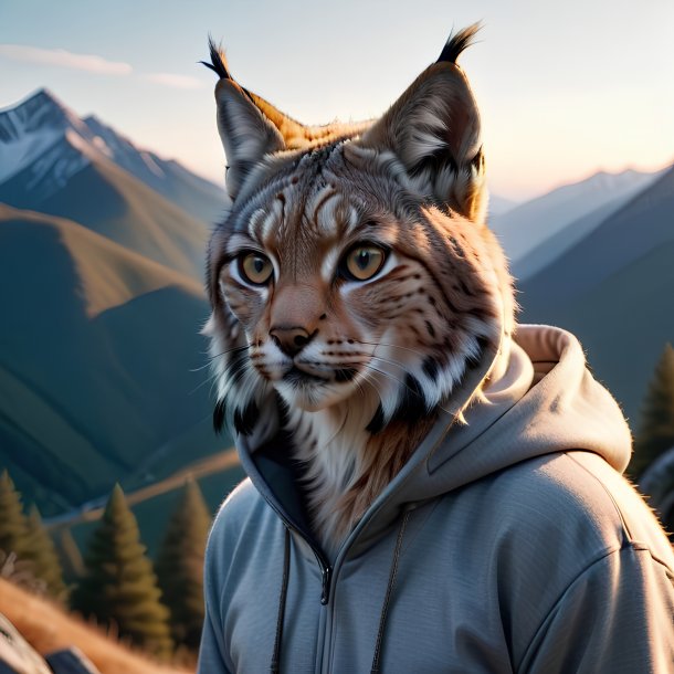 Foto de um lince em um hoodie nas montanhas