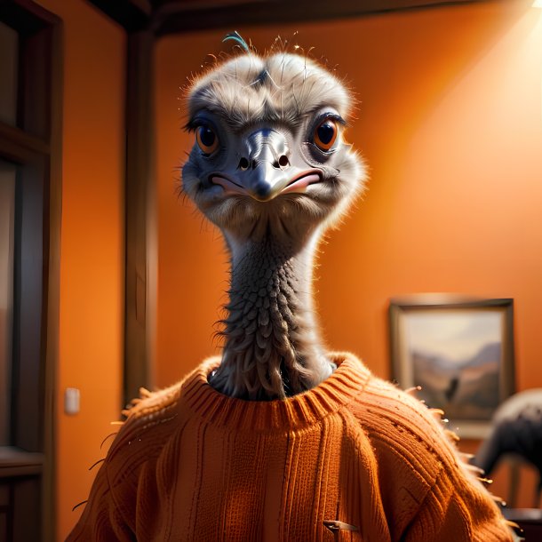 Image of a ostrich in a orange sweater