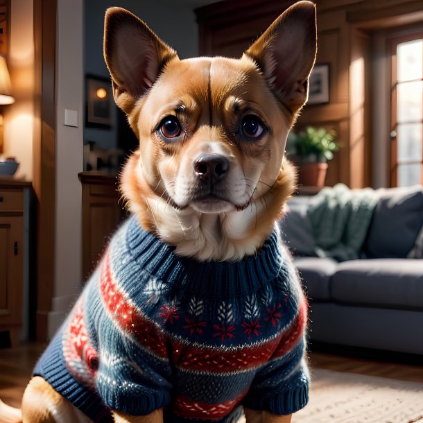 Foto de un perro en un suéter en la casa