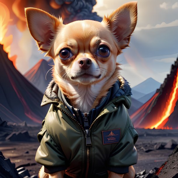 Illustration of a chihuahua in a jacket in the volcano