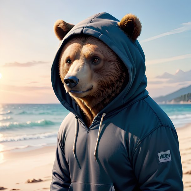 Image of a bear in a hoodie on the beach