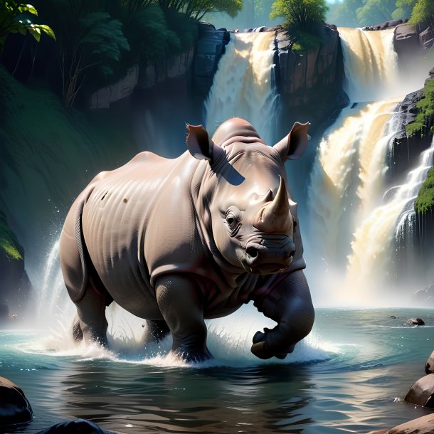 Photo of a swimming of a rhinoceros in the waterfall