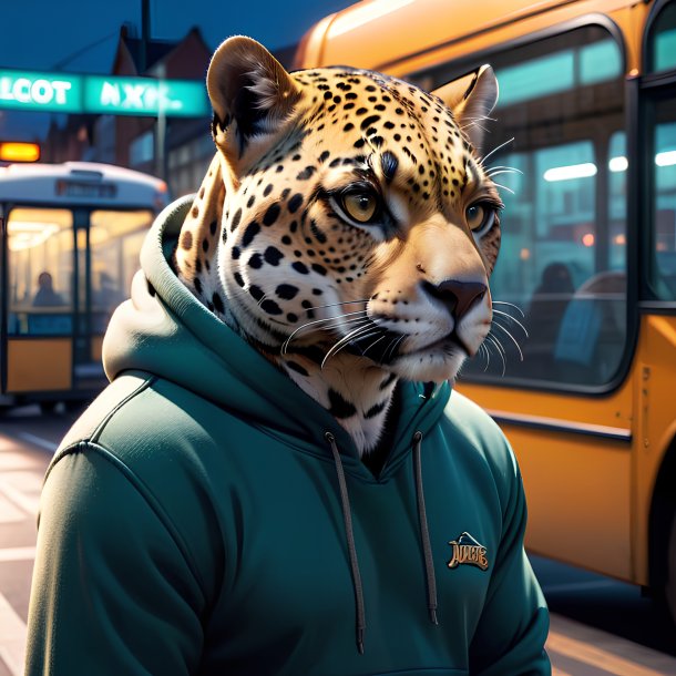 Foto de um jaguar em um hoodie no ponto de ônibus