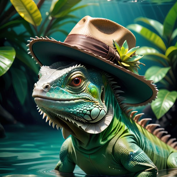 Photo of a iguana in a hat in the water