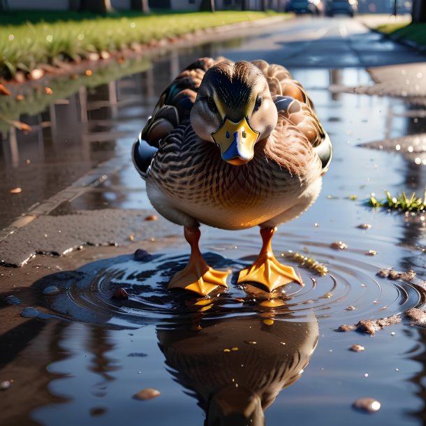 Imagem de um comer de um pato na poça