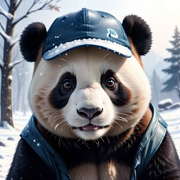 Drawing of a giant panda in a cap in the snow