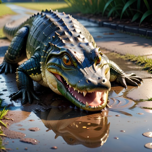 Image of a drinking of a alligator in the puddle