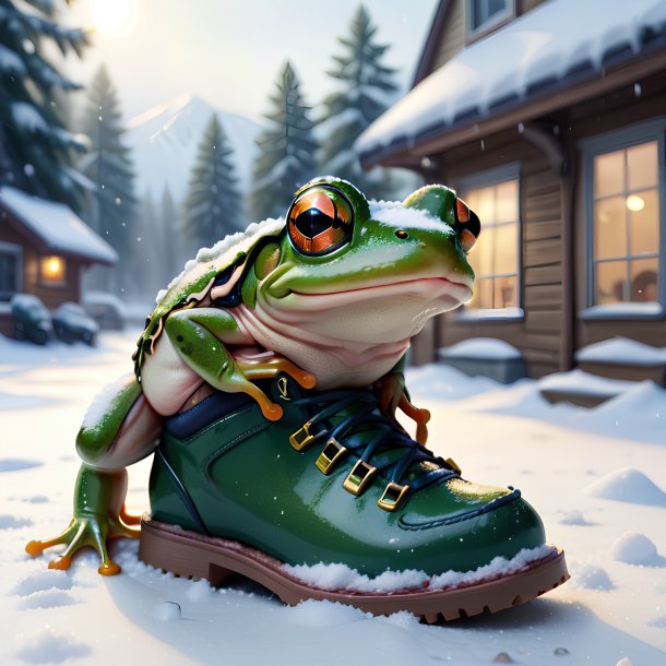 Image of a frog in a shoes in the snow