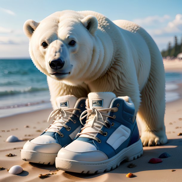 Foto de un oso polar en un zapato en la playa