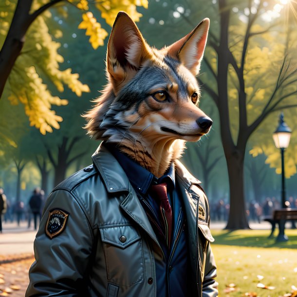 Photo of a jackal in a jacket in the park