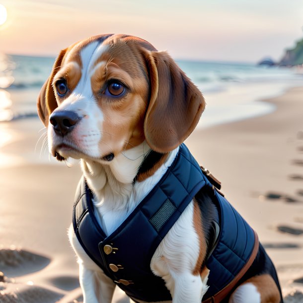 Picture of a beagle in a vest on the beach