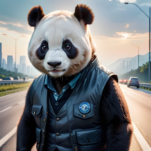 Pic of a giant panda in a vest on the highway