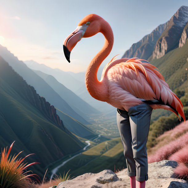 Picture of a flamingo in a trousers in the mountains