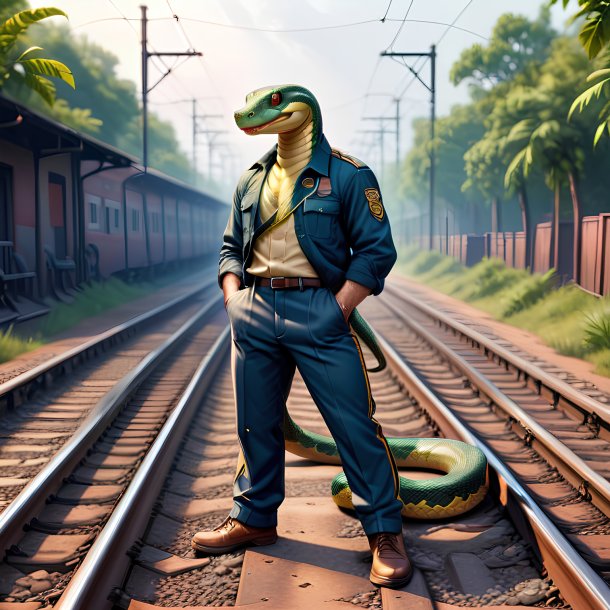 Ilustração de uma cobra em uma calça nos trilhos ferroviários