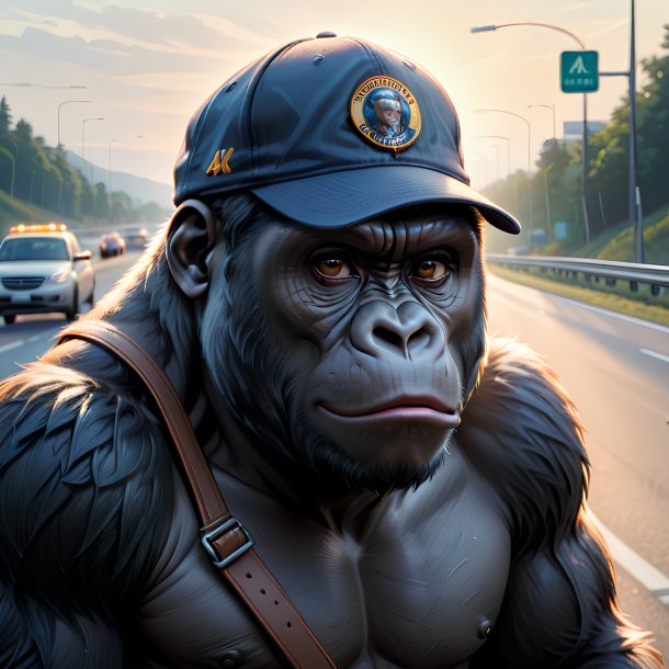 Drawing of a gorilla in a cap on the highway