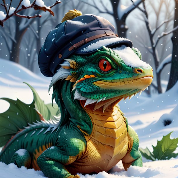 Drawing of a basilisk in a cap in the snow