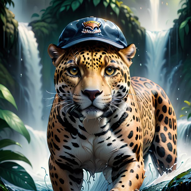 Illustration of a jaguar in a cap in the waterfall