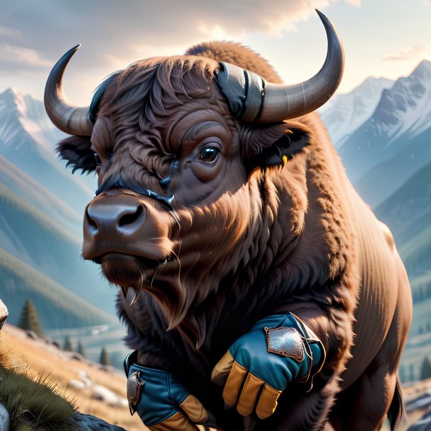 Picture of a buffalo in a gloves in the mountains